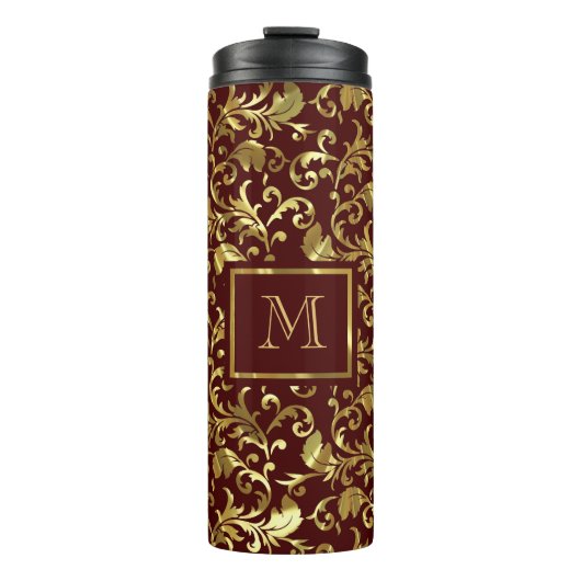Gouden damast op bruine achtergrond thermosbeker (Voorkant)