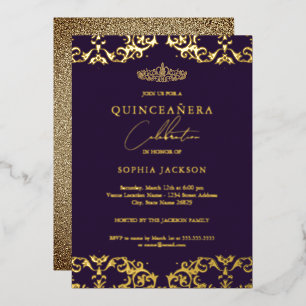Gouden Damast Paarse Quinceanera 15e Verjaardag Folie Uitnodiging