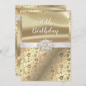 Gouden Damast Parels Diamanten Wit Satijn 50e Kaart (Voorkant / Achterkant)