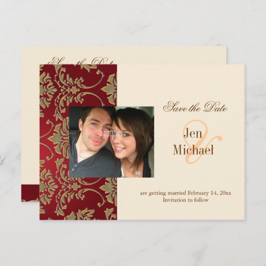 Gouden damast, Save the Date Foto briefkaarten, Aankondigingskaart (Voorkant / Achterkant)
