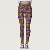 Gouden damast swirl bloemenprint op paarse leggings (Voorkant)
