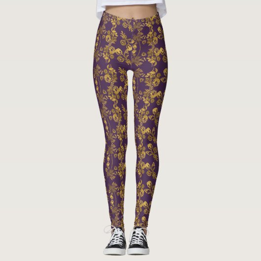 Gouden damast swirl bloemenprint op paarse leggings (Voorkant)