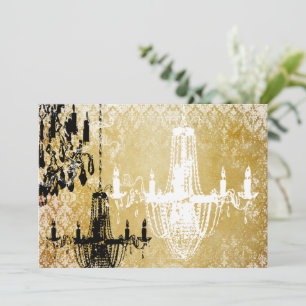 Gouden Damast Vintage Kroonluchter Trouw Uitnodigi Kaart