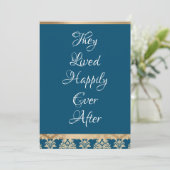 Gouden Damast Witte Schrift Blauwe Happily Ever Tr Bedankkaart (Staand voorkant)