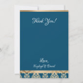 Gouden Damast Witte Schrift Blauwe Happily Ever Tr Bedankkaart (Achterkant)