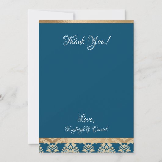 Gouden Damast Witte Schrift Blauwe Happily Ever Tr Bedankkaart (Achterkant)
