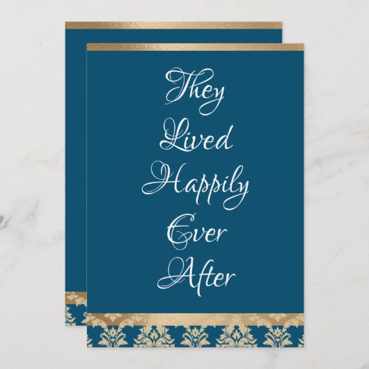 Gouden Damast Witte Schrift Blauwe Happily Ever Tr Bedankkaart (Voorkant / Achterkant)