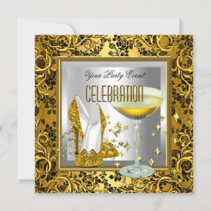 Gouden Damast Zilveren Hoge Hak Schoenen Champagne Kaart