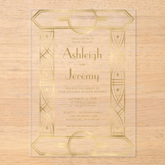 Gouden  Deco Lijst bruiloft Acryl Uitnodigingen (Voorkant)