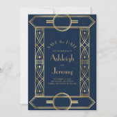 Gouden Deco Lijst Navy Blue Fotobruiloft Save The Date (Voorkant)