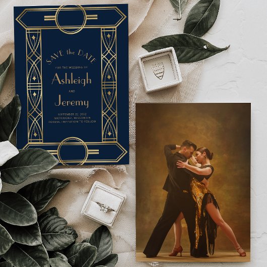 Gouden Deco Lijst Navy Blue Fotobruiloft Save The Date