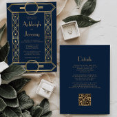 Gouden  Deco Lijst Navy Blue QR Code Wedding Kaart