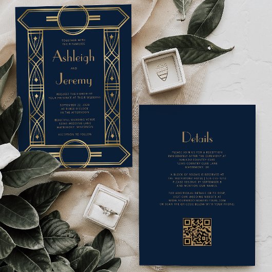 Gouden  Deco Lijst Navy Blue QR Code Wedding Kaart