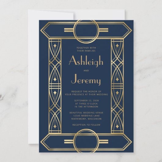 Gouden  Deco Lijst Navy Blue QR Code Wedding Kaart (Voorkant)