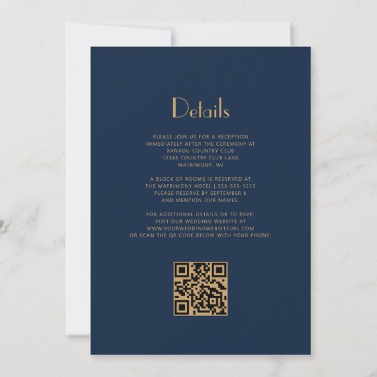 Gouden  Deco Lijst Navy Blue QR Code Wedding Kaart (Achterkant)