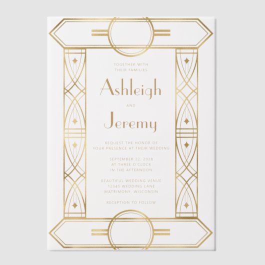 Gouden  Deco Lijst Witte bruiloft Vellum Uitnodigingen (Voorkant)