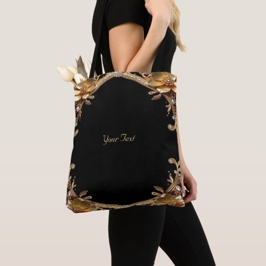 Gouden decoratieve bloemen tote tas (Dichtbij)