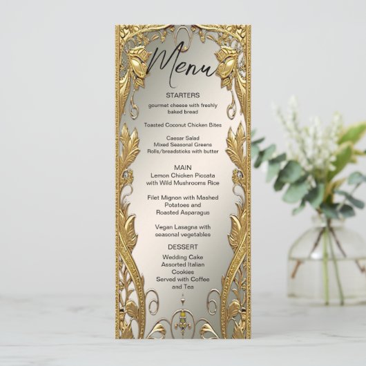 Gouden Decoratieve Bloemen Trouwmenu Menu (Staand voorkant)