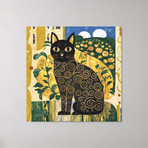 Gouden decoratieve Gustav Klimt stijl zwarte kat k Canvas Afdruk