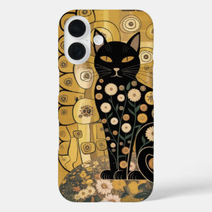 Gouden decoratieve Gustav Klimt stijl zwarte kat k iPhone 16 Hoesje