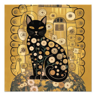Gouden decoratieve Gustav Klimt stijl zwarte kat k Foto Afdruk