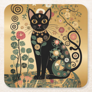 Gouden decoratieve Gustav Klimt stijl zwarte kat k Kartonnen Onderzetters