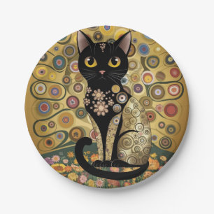 Gouden decoratieve Gustav Klimt stijl zwarte kat k Papieren Bordje