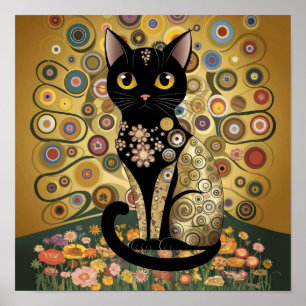 Gouden decoratieve Gustav Klimt stijl zwarte kat k Poster