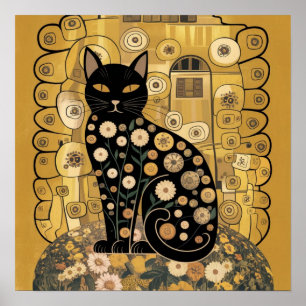 Gouden decoratieve Gustav Klimt stijl zwarte kat k Poster