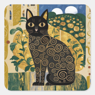 Gouden decoratieve Gustav Klimt stijl zwarte kat k Vierkante Sticker