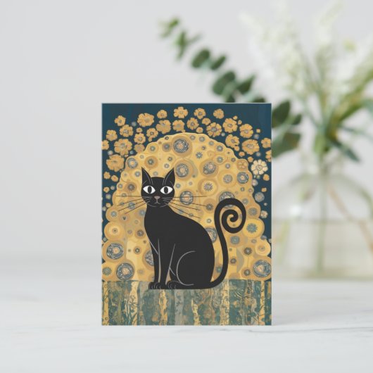 Gouden Decoratieve Gustav Klimt Stijl Zwarte Katte Briefkaart (Staand voorkant)
