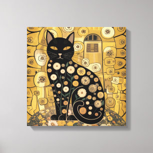 Gouden Decoratieve Gustav Klimt Stijl Zwarte Katte Canvas Afdruk