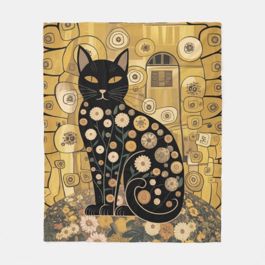 Gouden Decoratieve Gustav Klimt Stijl Zwarte Katte Fleece Deken (Voorkant)