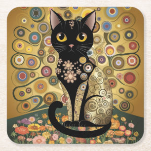 Gouden Decoratieve Gustav Klimt Stijl Zwarte Katte Kartonnen Onderzetters