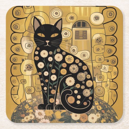 Gouden Decoratieve Gustav Klimt Stijl Zwarte Katte Kartonnen Onderzetters (Voorkant)