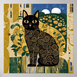 Gouden Decoratieve Gustav Klimt Stijl Zwarte Katte Poster