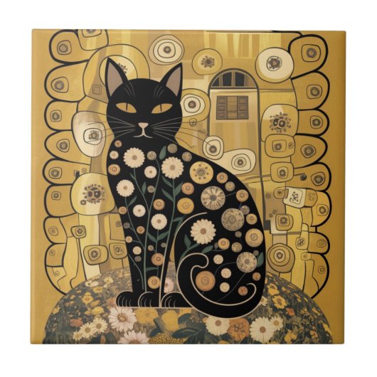 Gouden Decoratieve Gustav Klimt Stijl Zwarte Katte Tegeltje (Voorkant)