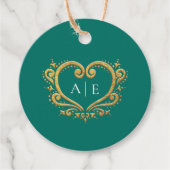Gouden decoratieve hart monogram groene bruiloft bedankjes labels (Voorkant)