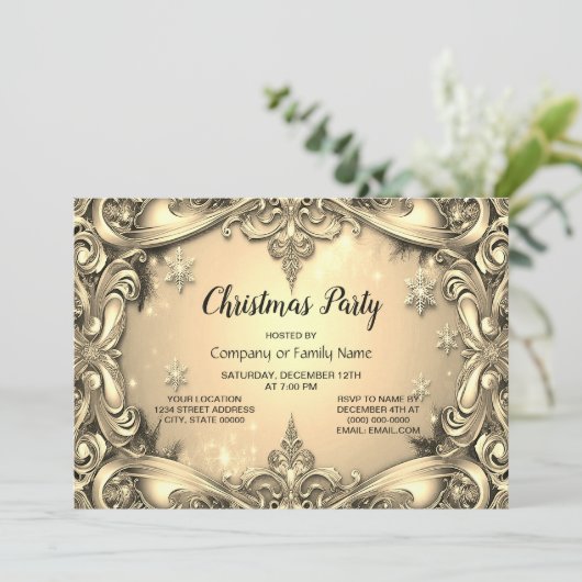 Gouden decoratieve kerstfeest uitnodiging (Staand voorkant)