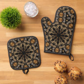 Gouden decoratieve ovenwant en pannenlap set (Top down)
