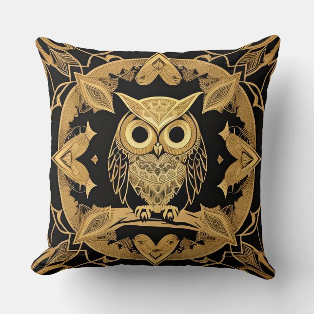 Gouden decoratieve uil mandala ontwerp kussen (Voorkant)