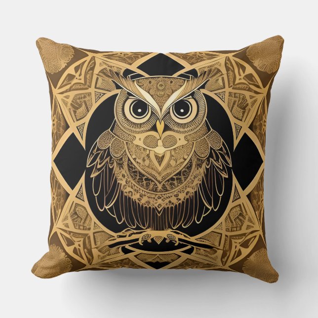 Gouden decoratieve uil mandala ontwerp kussen (Voorkant)
