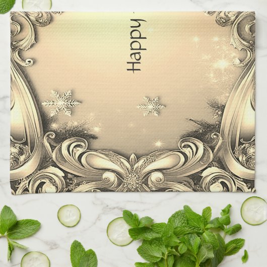 Gouden Decoratieve Vakantie Keuken Handdoek (Gevouwen)