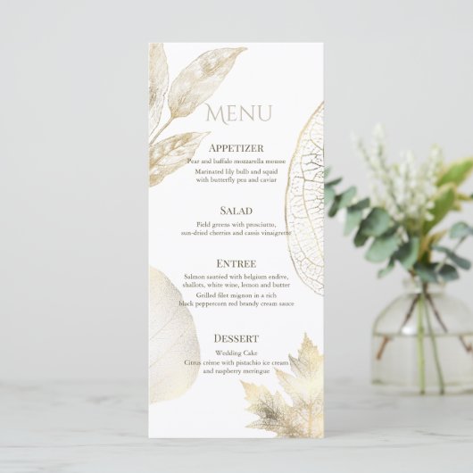Gouden Delicate Bladeren Trouwmenu Menu (Staand voorkant)