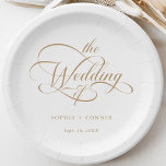 Gouden Delicate Elegant Script Wedding Papieren Bordje<br><div class="desc">Eenvoudig goud en wit bord op trouwpapier is voorzien van een stijlvol,  romantisch,  wervelend kalligrafieletter met uw namen. Voor meer geavanceerde aanpassing van dit ontwerp,  klikt u op de BLUE DESIGN TOOL BUTTON hierboven!</div>