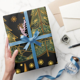 Gouden dennen op kerstpapier middernacht cadeaupapier