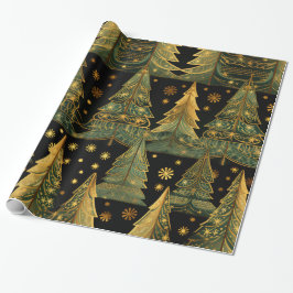 Gouden dennen op kerstpapier middernacht cadeaupapier