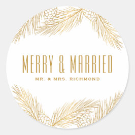 Gouden Dennenaalden Prettig en Getrouwd Kerstmis Ronde Sticker