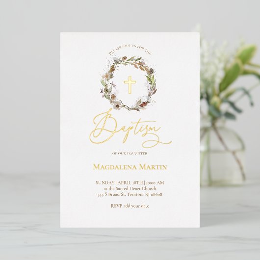 gouden details herfst met Baptisme Folie Uitnodiging (Staand Voorkant)