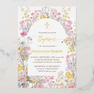 gouden details wilde bloemen Doop Folie Uitnodiging